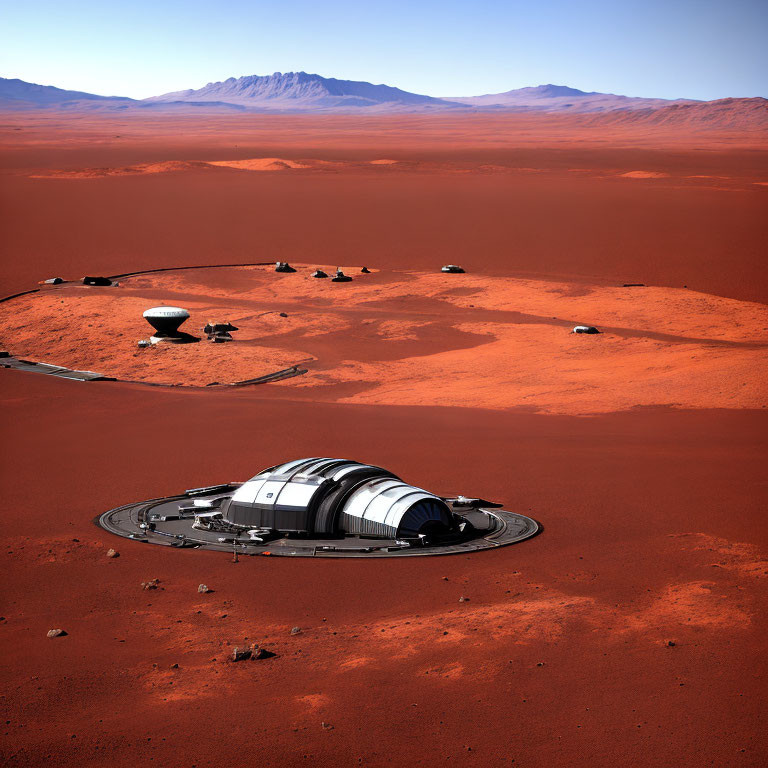 Futuristic Martian base with domed structures in red desert landscape