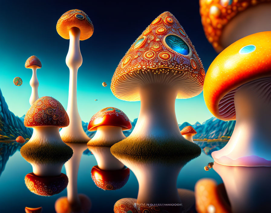 Colorful intricate mushroom patterns in surreal landscape glow warmly