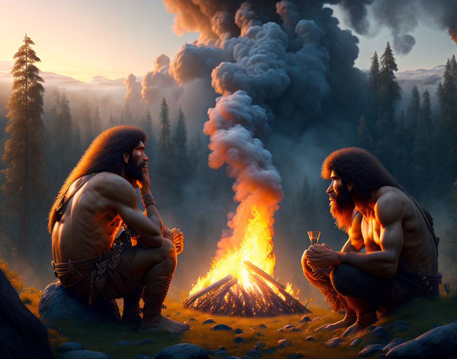 Two people in primitive attire by a fire in dense forest at sunset