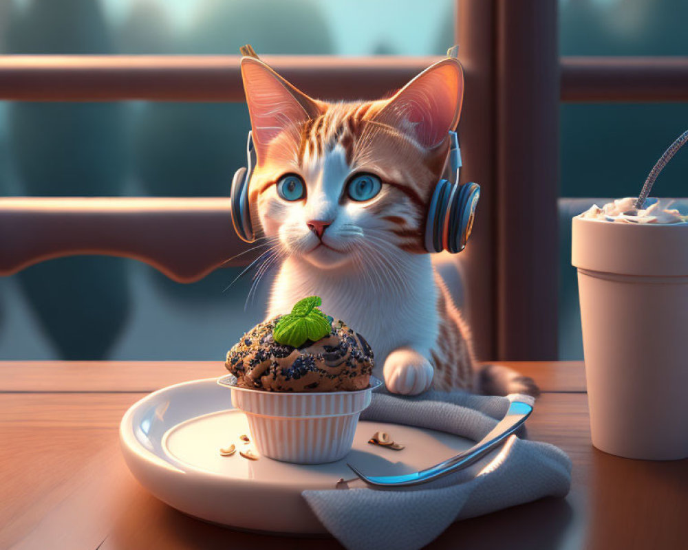 Cat with headphones enjoying cupcake and drink at sunset