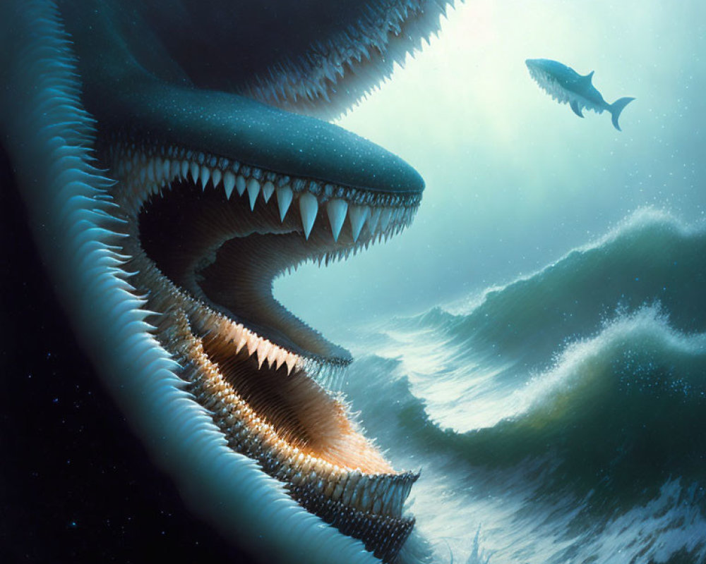 Digital artwork of giant shark-like sea creatures in dark ocean waves
