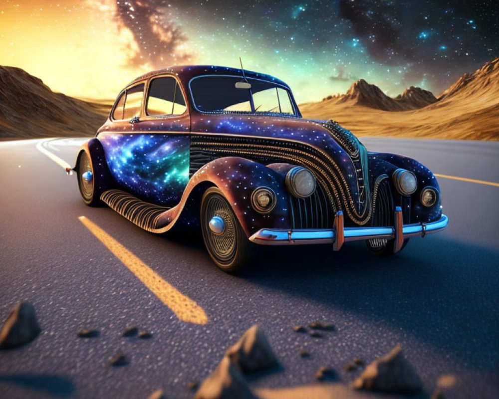 Vintage Car with Cosmic Paint Job Driving on Desert Road at Night