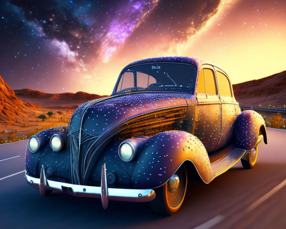 Classic Car with Galaxy Paint Job on Sunset Road & Starry Sky Background