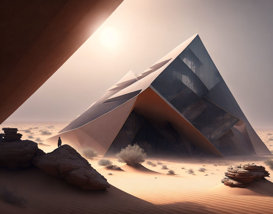 Futuristic pyramid building in desert landscape with person and rock formation