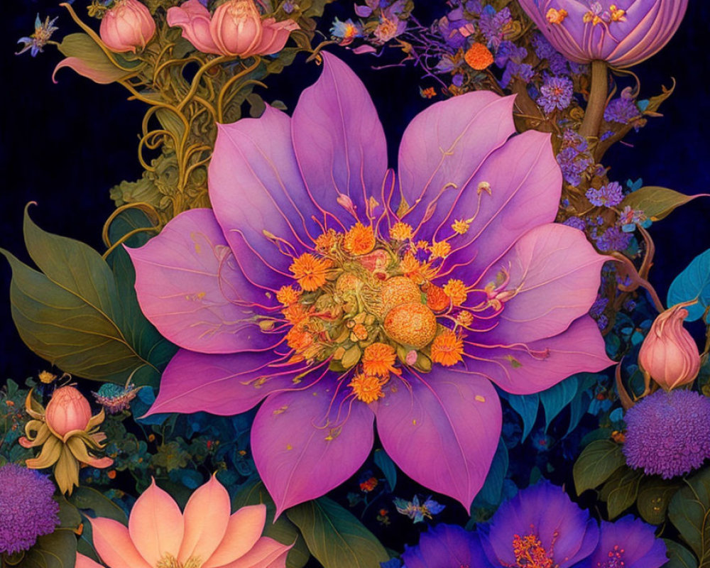 Detailed Purple Flower Digital Artwork with Gold Stamen