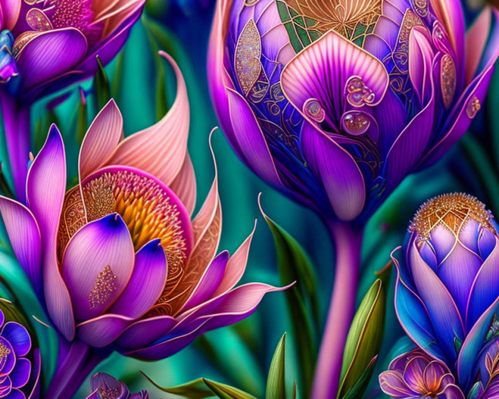Stylized purple flowers with gold patterns on teal background
