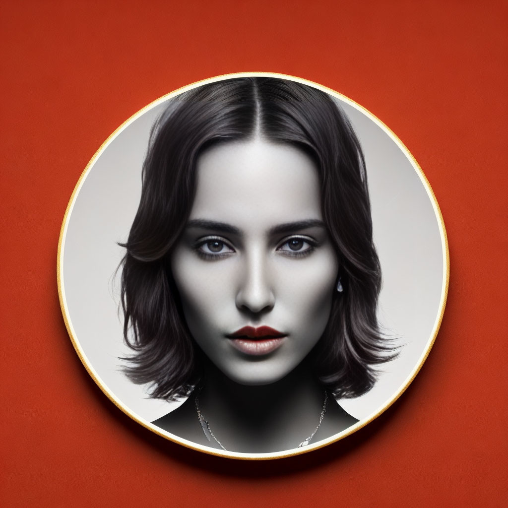 Symmetrical grayscale portrait on red background plate