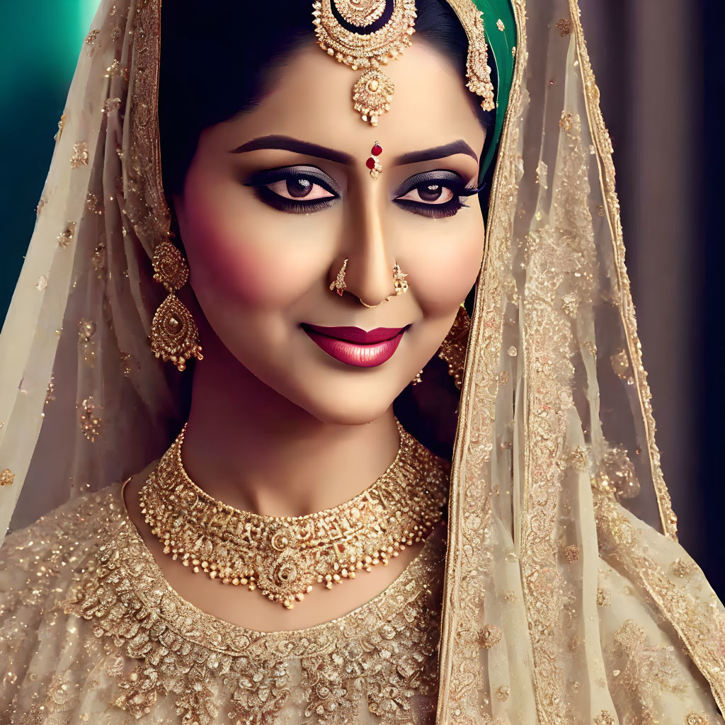 Traditional Bridal Attire with Gold Jewelry and Henna Adornments