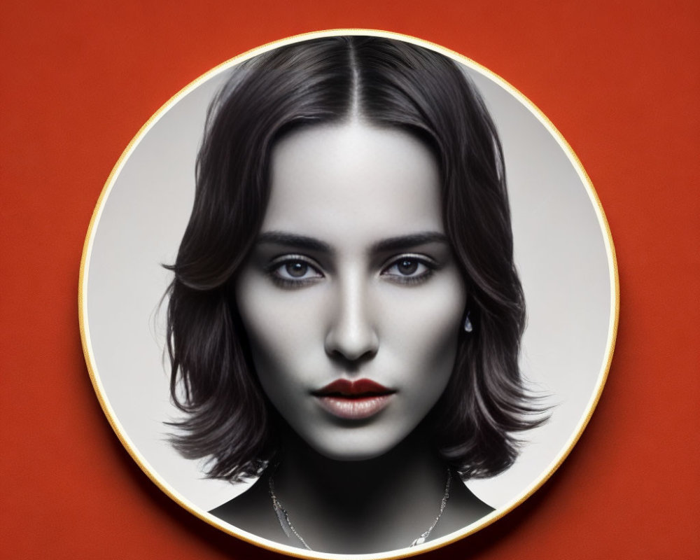 Symmetrical grayscale portrait on red background plate
