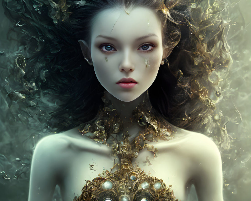 Fantasy portrait of woman with gold details and dark hair
