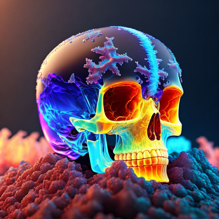 Vibrant 3D human skull with transparent brain and neural networks on black background