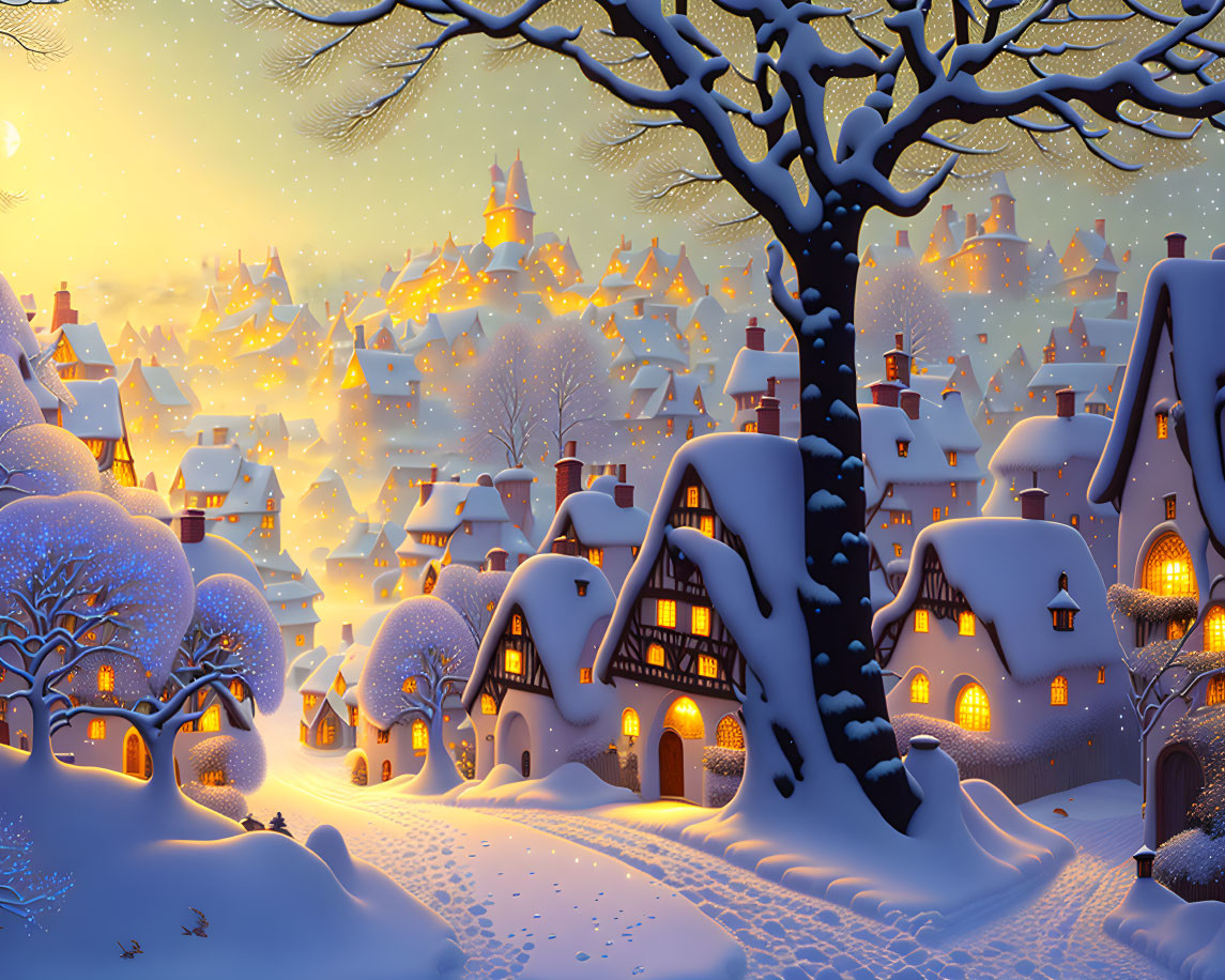 Snow-covered Winter Village with Glowing Houses and Twilight Sky