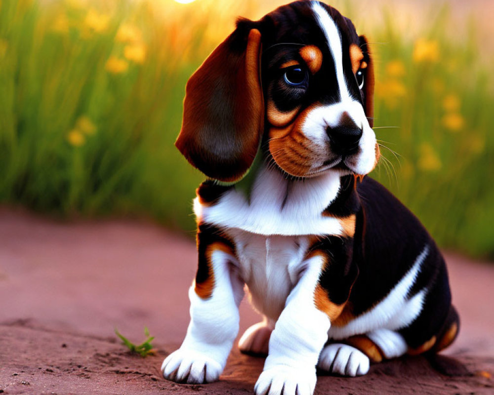 Tricolor beagle puppy in sunlit field with soulful eyes