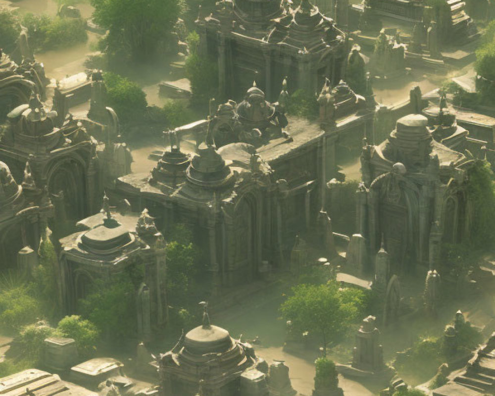 Overgrown ancient city with dilapidated stone structures in golden light