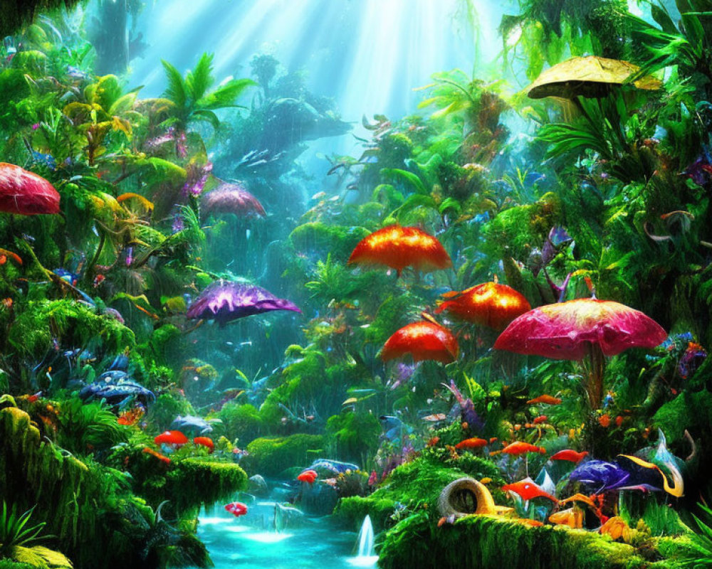 Fantastical jungle scene with oversized mushrooms and serene stream