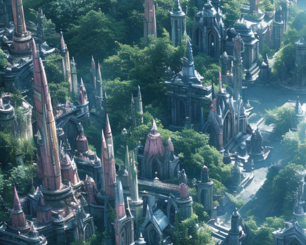 Ancient city with towering spires in lush forest
