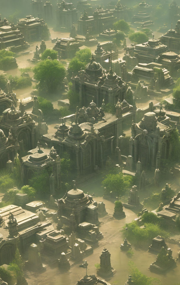 Overgrown ancient city with dilapidated stone structures in golden light
