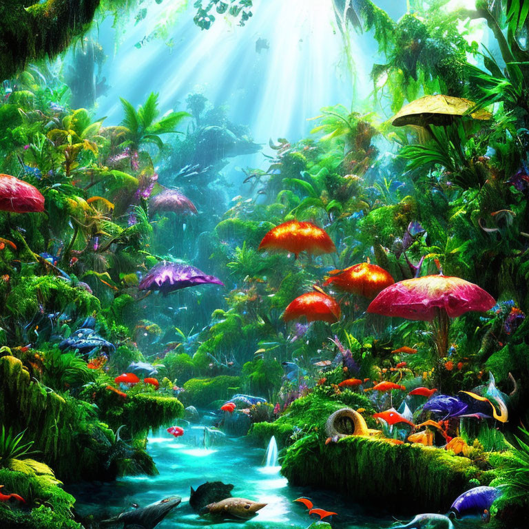 Fantastical jungle scene with oversized mushrooms and serene stream