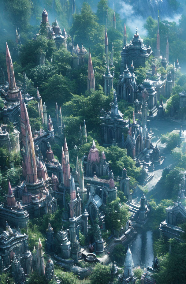 Ancient city with towering spires in lush forest