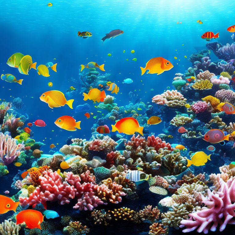 Colorful Tropical Fish Swimming in Vibrant Underwater Coral Reef