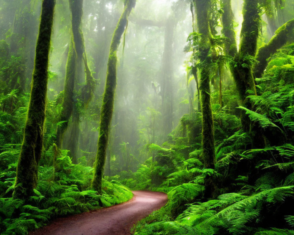 Serene forest scene with moss, ferns, and winding path