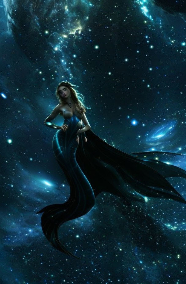 Woman with mermaid-like tail in cosmic space setting