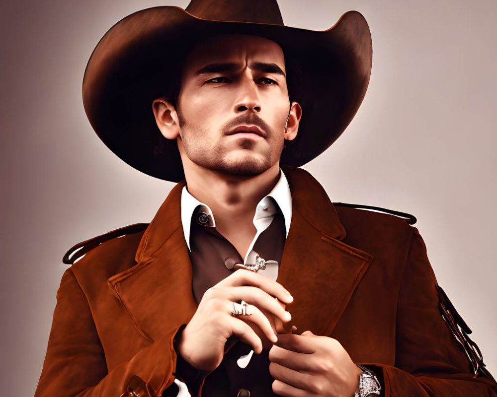 Stern man in cowboy hat, brown jacket, silver accessories