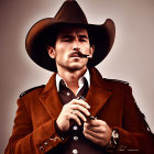 Stern man in cowboy hat, brown jacket, silver accessories