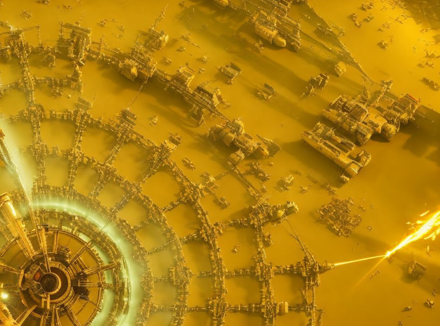 Industrial site with circular patterns and bright yellow hues aerial view.