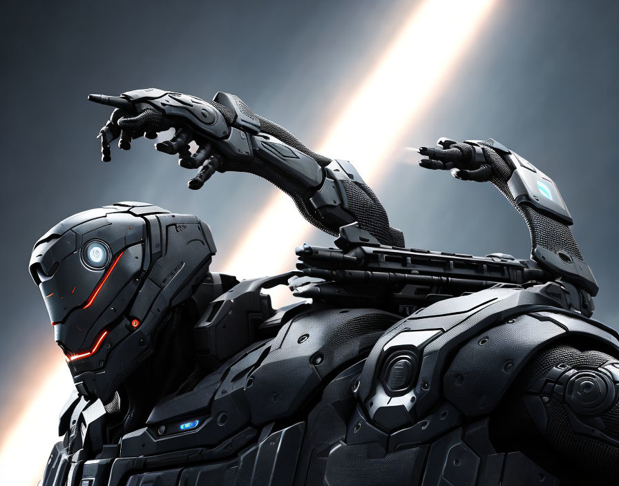 Detailed humanoid robotic figure in black finish against dramatic backdrop.