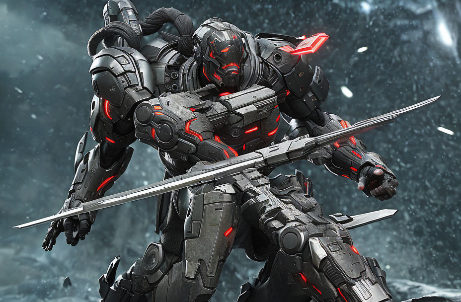 Armored robot with red accents wields swords in snowflake backdrop