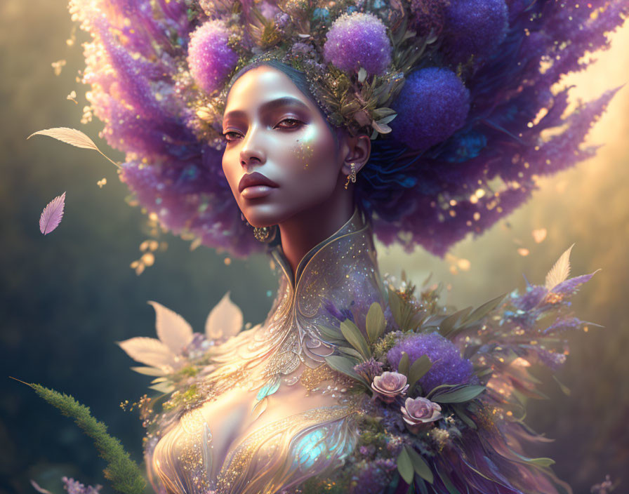 Digital Artwork: Woman with Majestic Floral Headdress in Soft Purple Hues