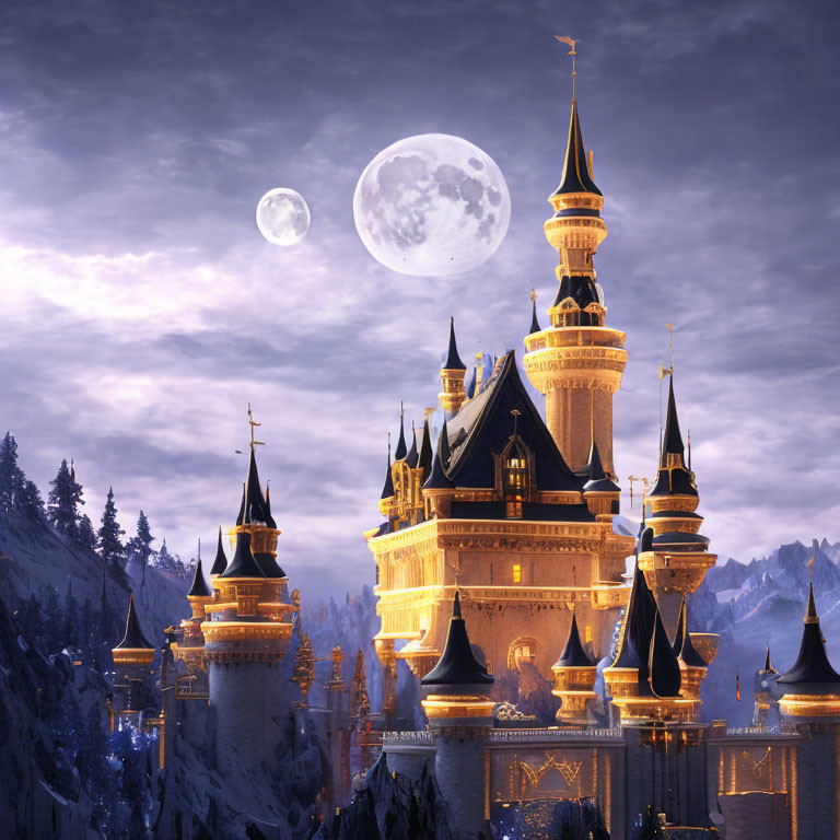 Majestic fantasy castle on snowy cliffs under moonlight