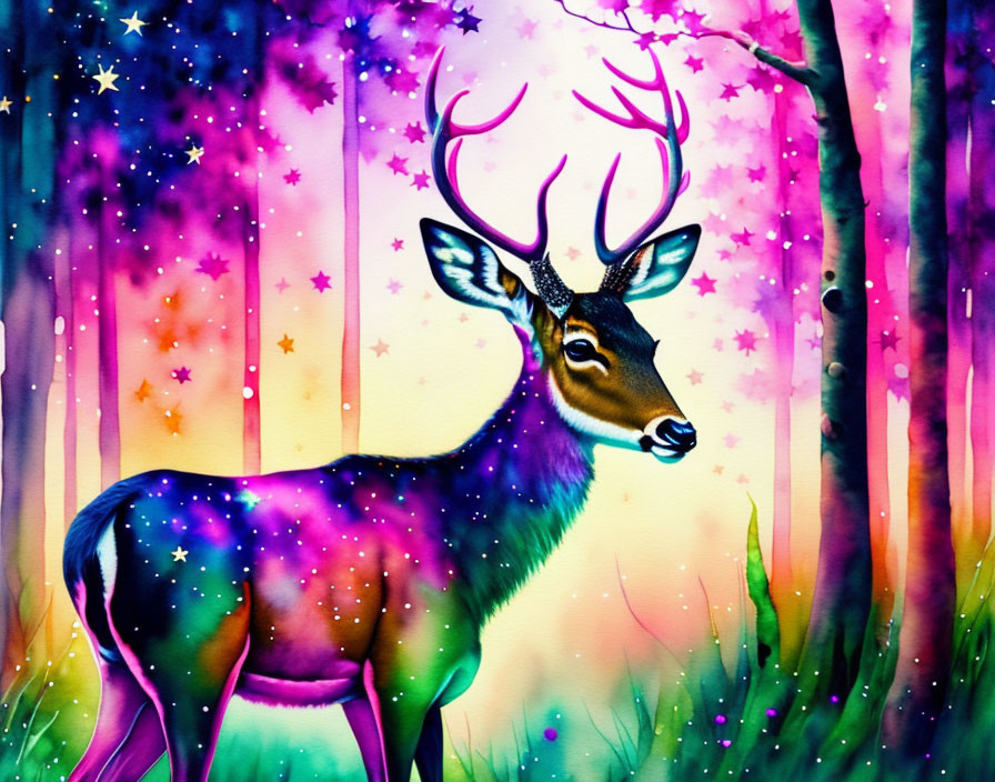 Colorful Deer Illustration in Galaxy Pattern Forest
