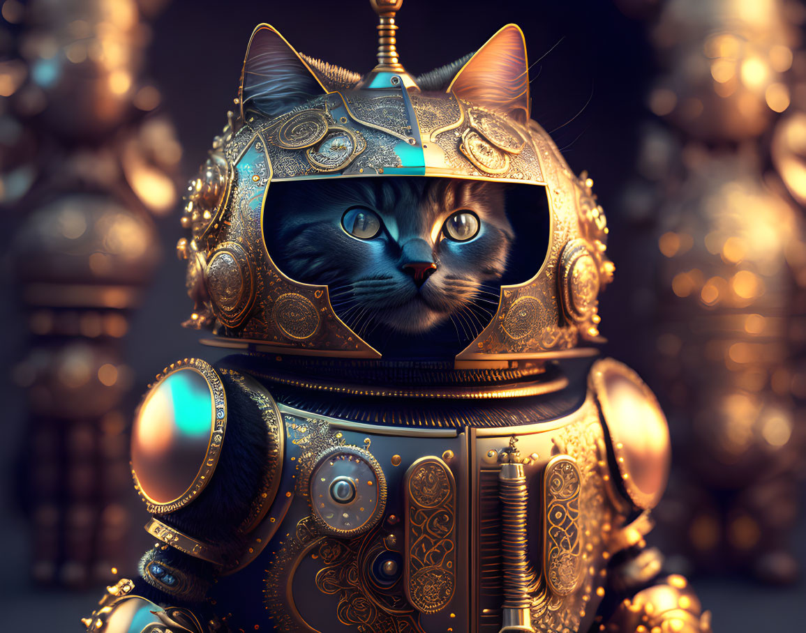 Detailed illustration of cat with blue eyes as ornate astronaut in gold suit