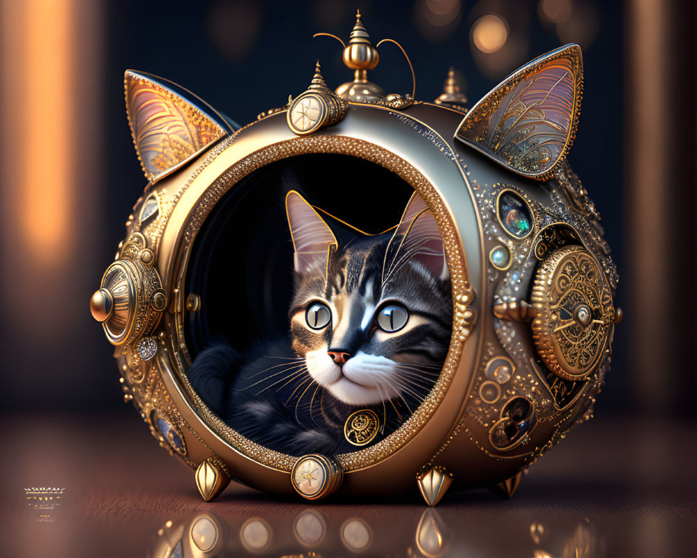 Tabby Cat in Steampunk-Inspired Spherical Capsule