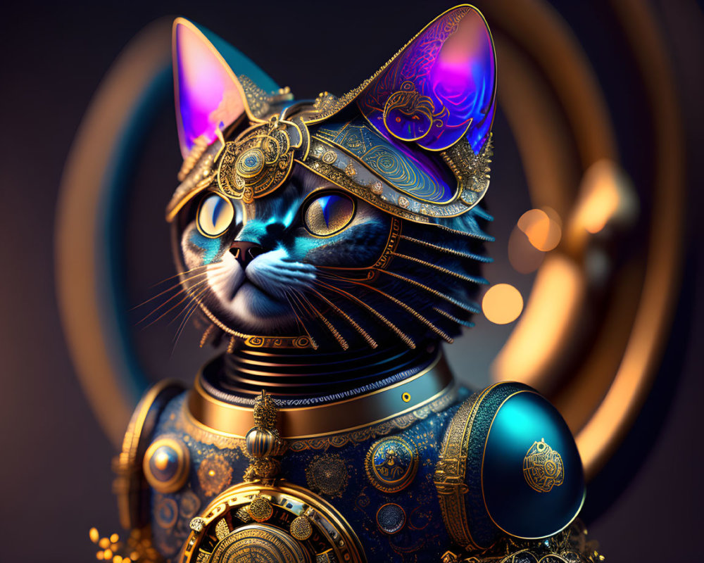 Steampunk-style robotic cat with golden gears and blue eyes on circular backdrop