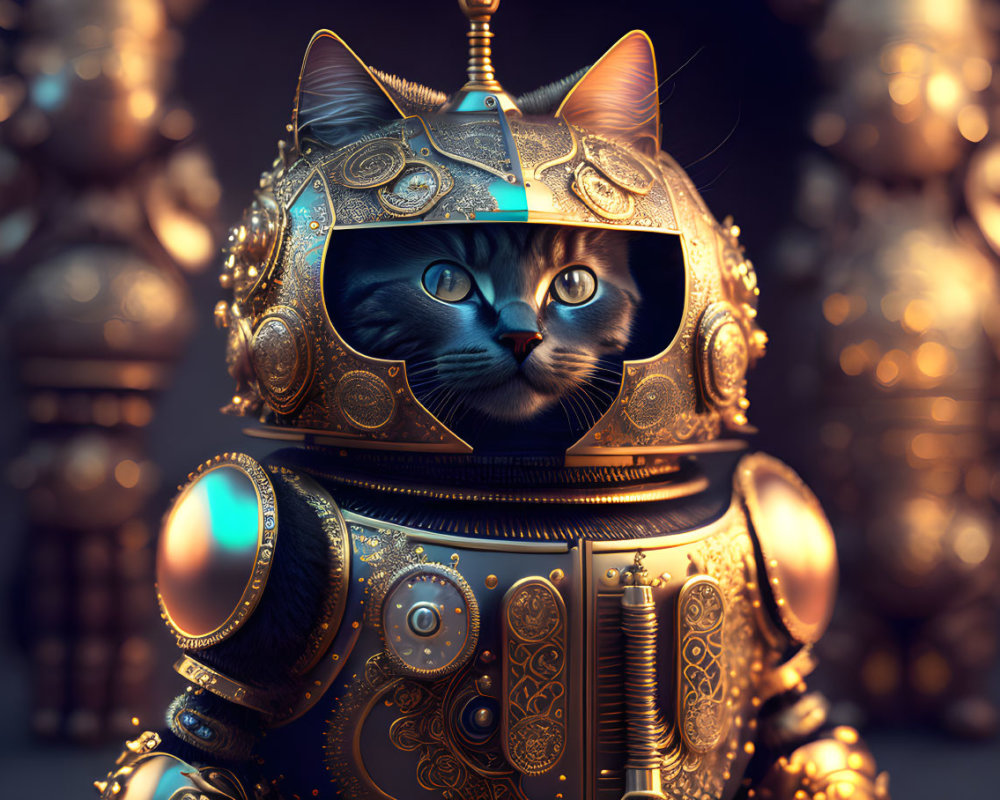 Detailed illustration of cat with blue eyes as ornate astronaut in gold suit