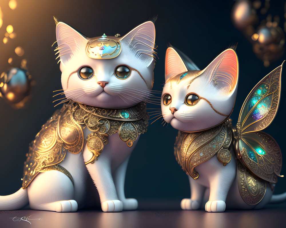 Steampunk-inspired cats with metallic embellishments and ornate wings on dark background.