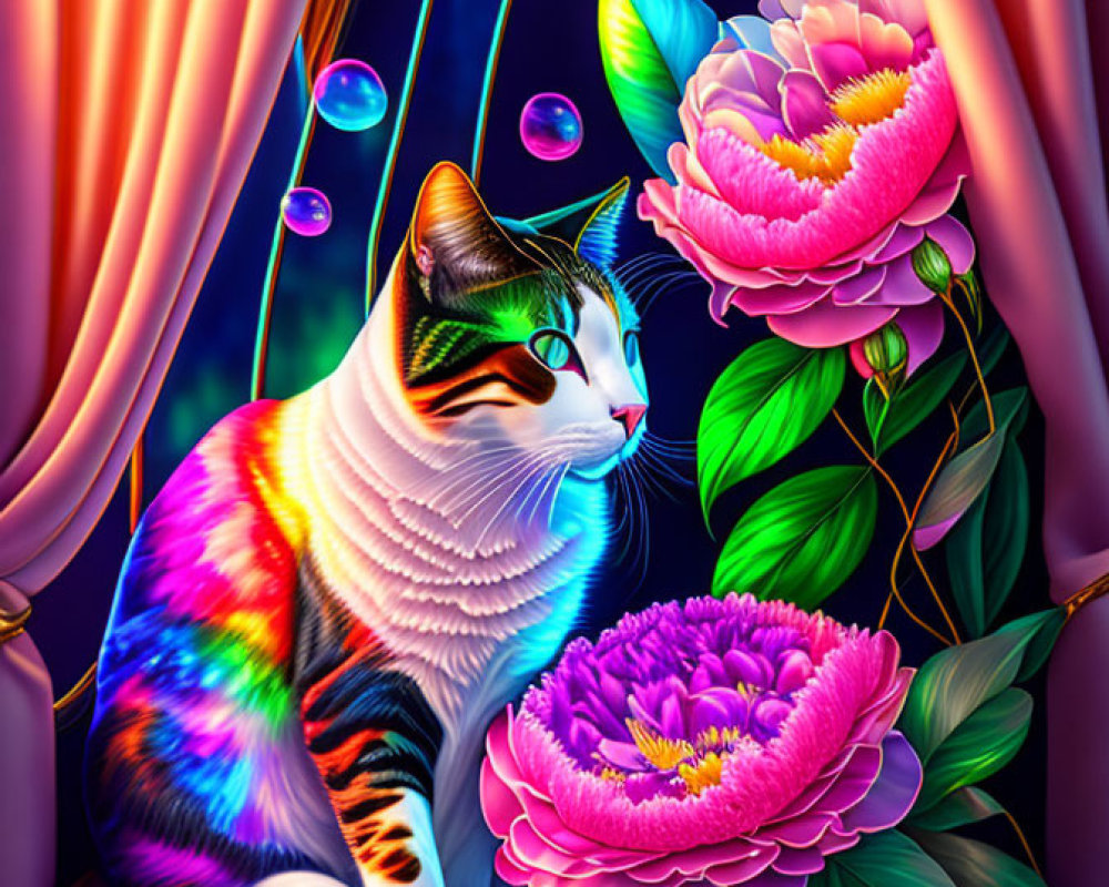 Calico Cat with Pink Peonies in Stained-Glass Setting
