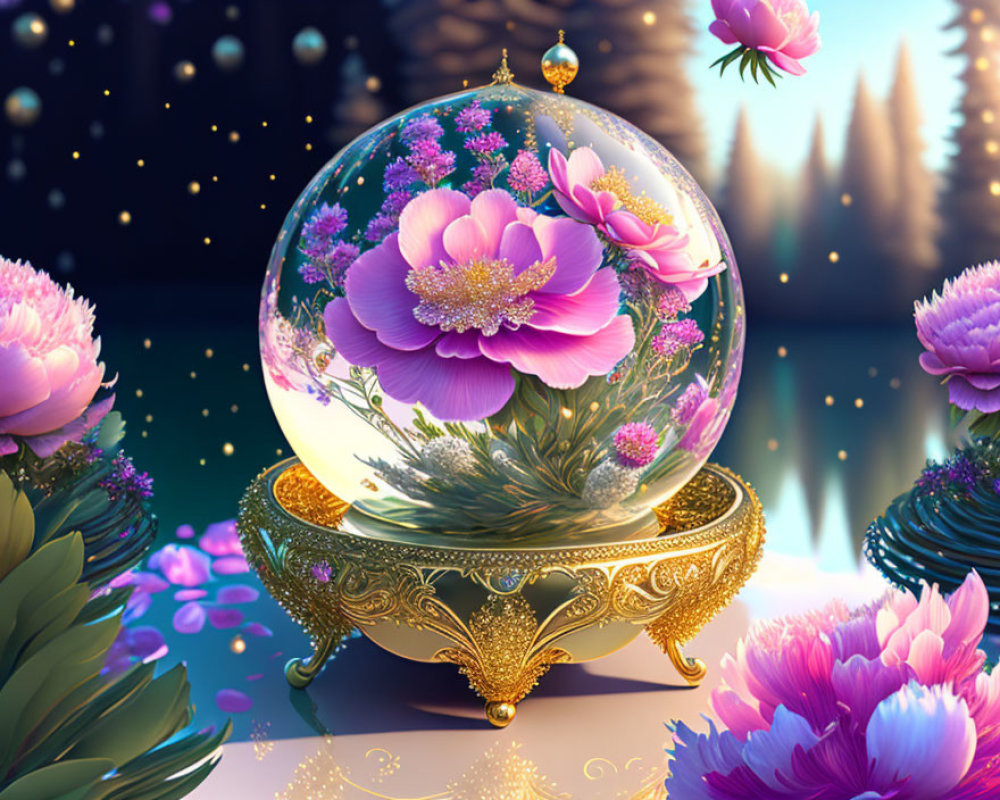 Colorful crystal ball illustration with pink flowers and twilight forest backdrop