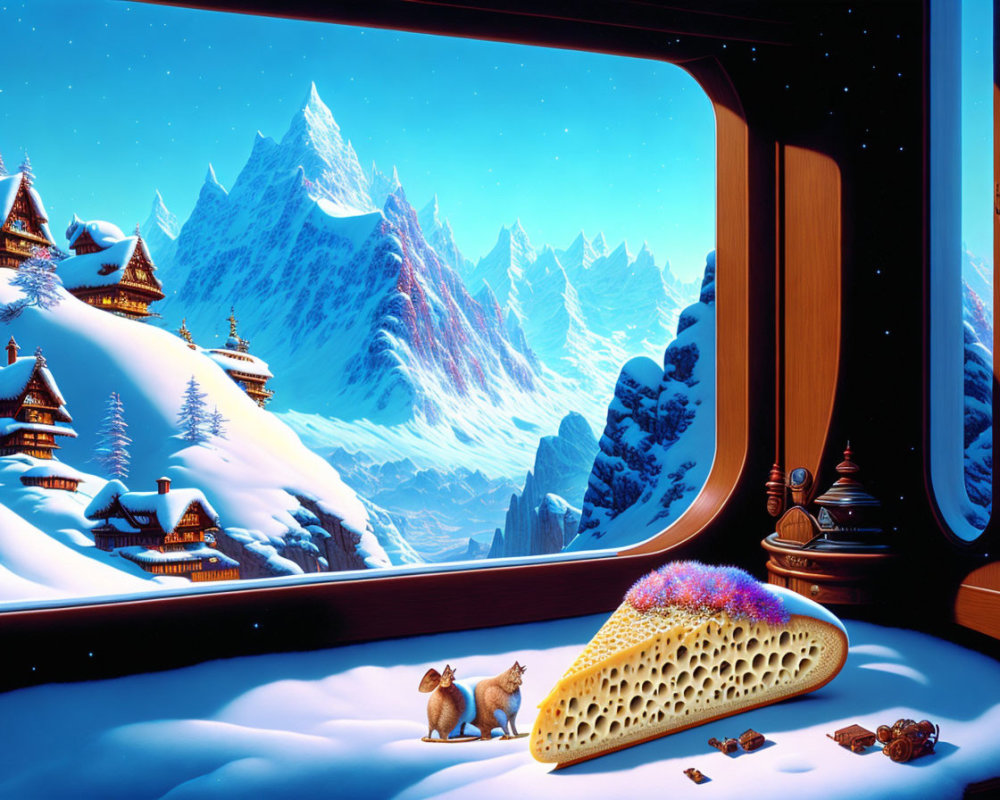 Snow-covered chalets and mountains seen from spaceship window with cozy blanket, cat, nuts, and sponge