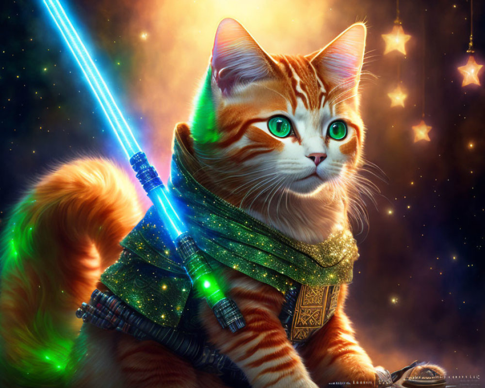 Orange Tabby Cat with Green Eyes Wielding Blue Lightsaber in Sci-Fi Costume Against Cosmic Background