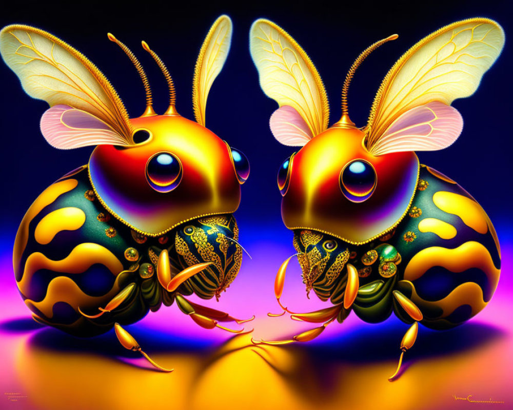 Colorful insects with exaggerated features on dark background