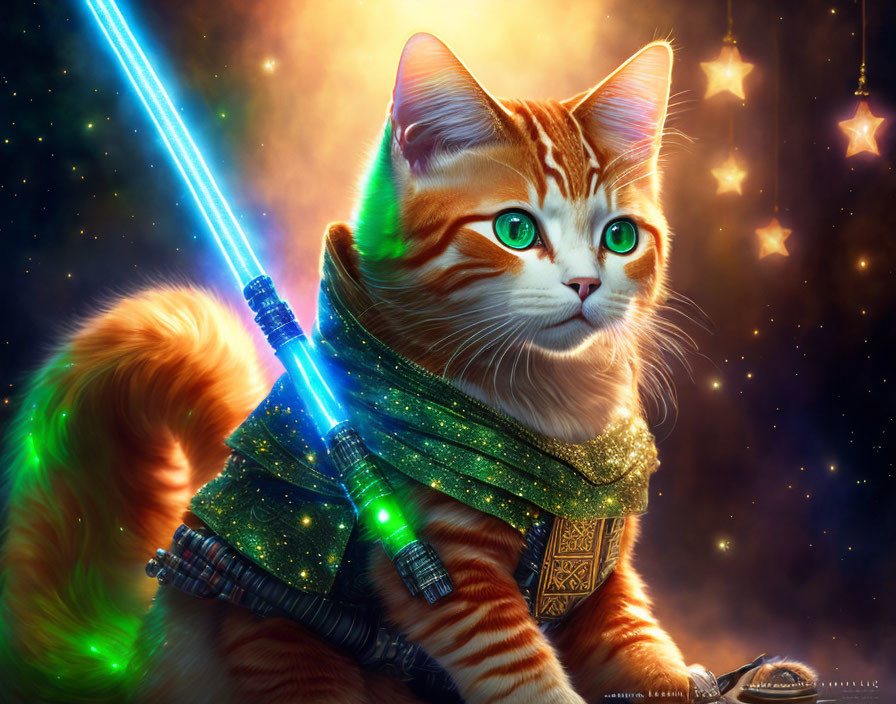 Orange Tabby Cat with Green Eyes Wielding Blue Lightsaber in Sci-Fi Costume Against Cosmic Background