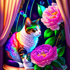 Calico Cat with Pink Peonies in Stained-Glass Setting