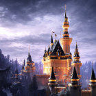 Majestic fantasy castle on snowy cliffs under moonlight