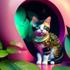 Colorful illustration of whimsical cat with gold jewelry in lush setting