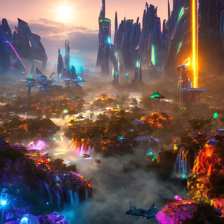 Futuristic cityscape with skyscrapers, neon lights, flying vehicles, and lush vegetation