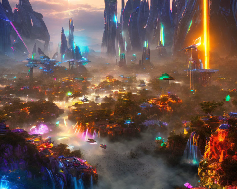 Futuristic cityscape with skyscrapers, neon lights, flying vehicles, and lush vegetation
